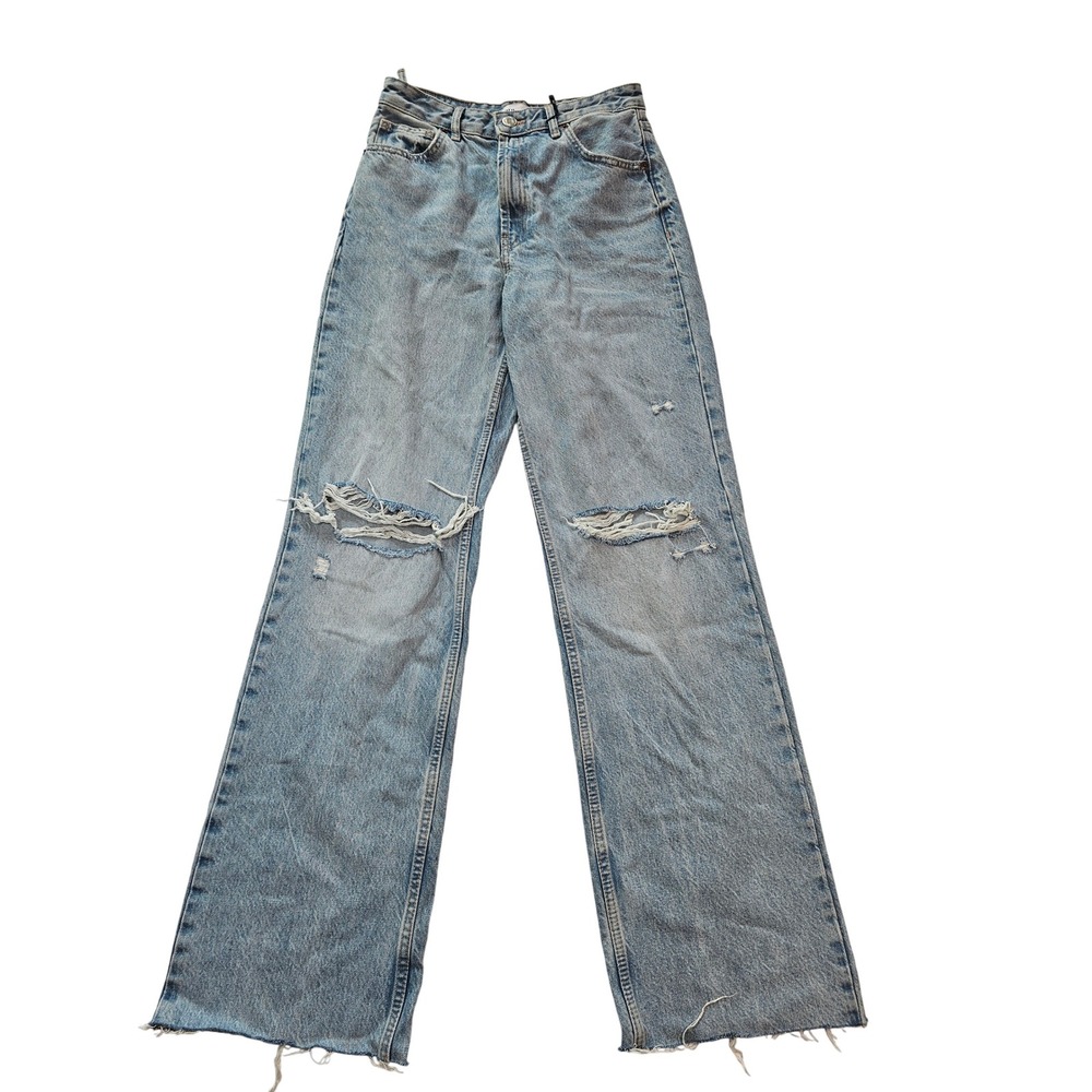 Zara Distressed Wide Leg Jeans Womens 6 Light Blue Denim High Rise